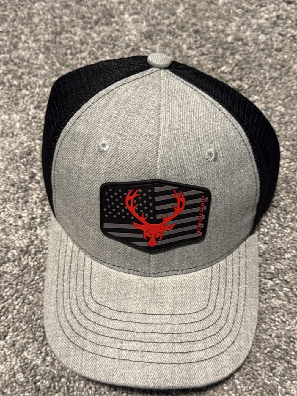 Bucked Up Gray and Black Trucker Hat with Red Deer Patch American flag SnapBack
